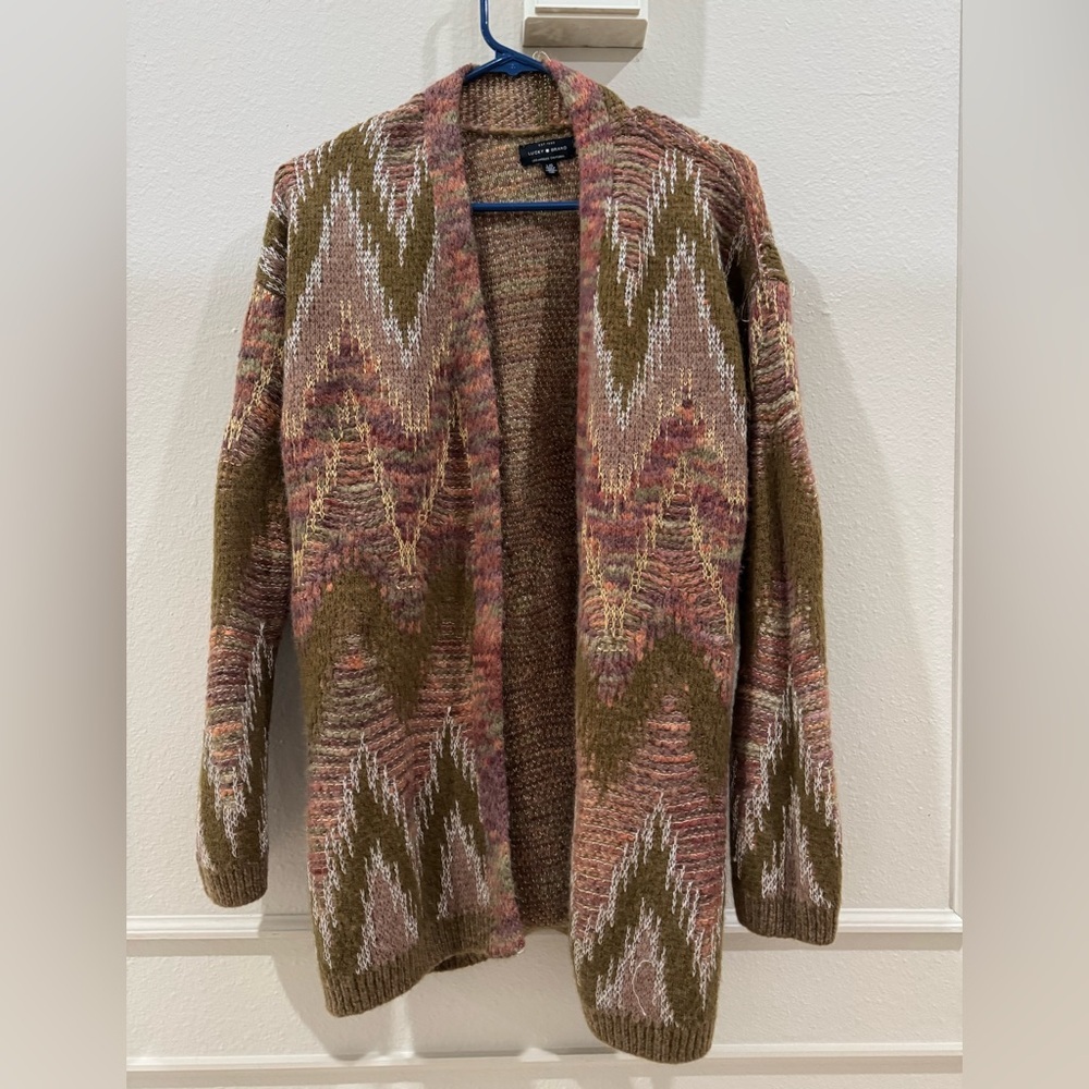 Lucky brand wool knit sweater Aztec western open front long cardigan size Large